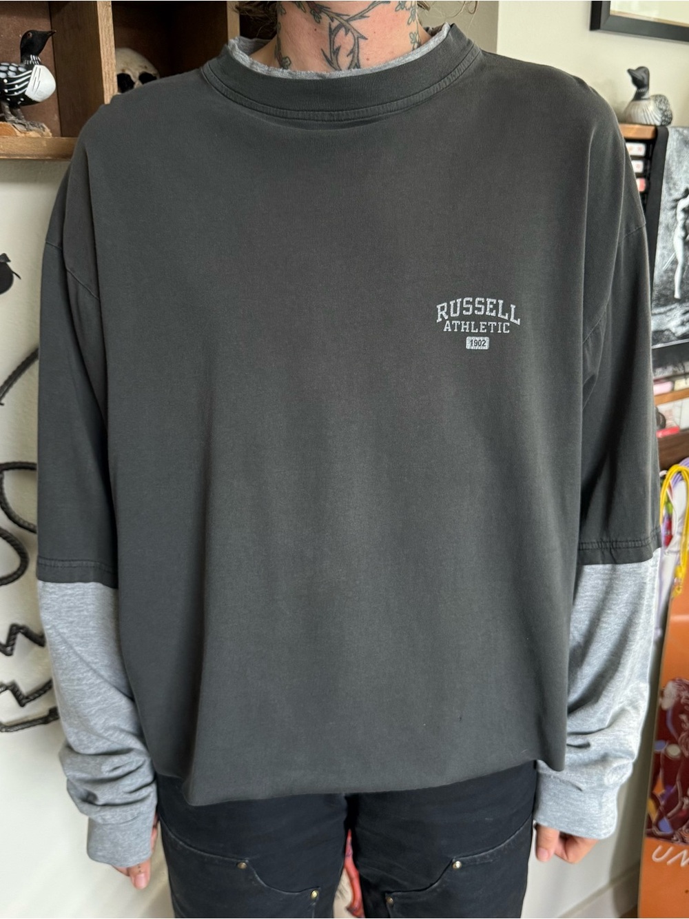 Vintage 90s Y2K Russell Athletic Gray Cropped Boxy Layered Tee Grunge ~ Size XL